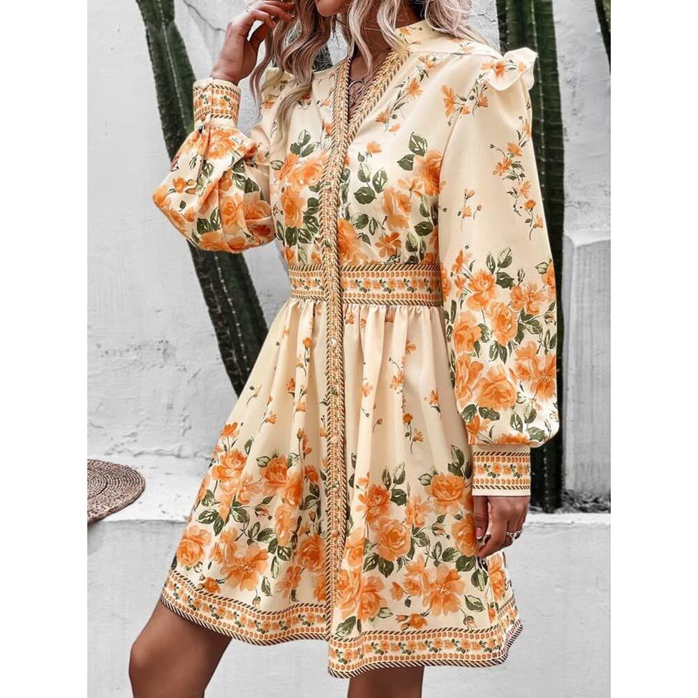 Boutique Women’s Small Orange Floral Print Ruffle Sleeve Mini Shirt Dress